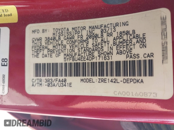2013 Toyota Corolla L with VIN 5YFBU4EE4DP171631, listed as a IAAI auction lot 42185923 with 87,892 mi miles and . Bid and sale history available at DreamBid. Image 9.