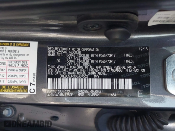 2016 Toyota 4Runner Limited with VIN JTEBU5JRXG5307532, listed as a IAAI auction lot 41141449 with 104,346 mi miles and . Bid and sale history available at DreamBid. Image 9.