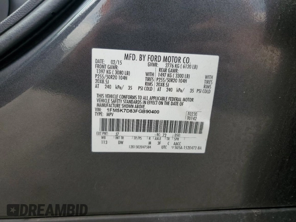 2015 Ford Explorer XLT with VIN 1FM5K7D83FGB90400, listed as a Copart auction lot 55422175 with 113,226 mi miles and Salvage Title. Bid and sale history available at carsss.com. Image 13.