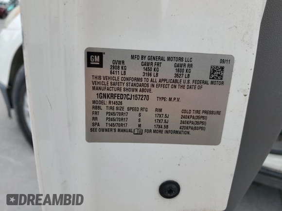 2012 Chevrolet Traverse LS with VIN 1GNKRFED7CJ157270, listed as a Copart auction lot 51219255 with Not Provided miles and Salvage Title. Bid and sale history available at DreamBid. Image 13.