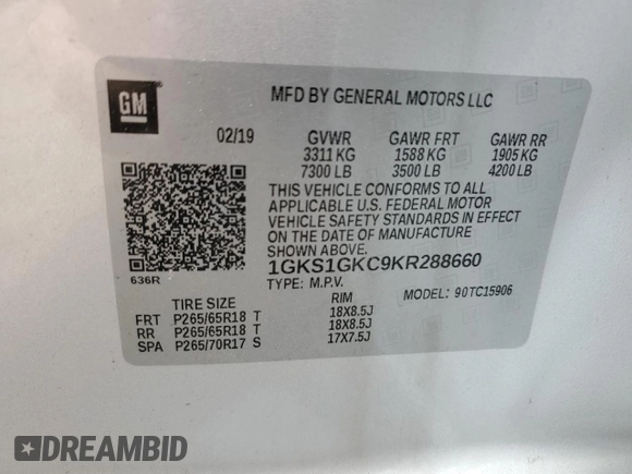 2019 GMC Yukon XL SLT with VIN 1GKS1GKC9KR288660, listed as a Copart auction lot 49669365 with 77,485 mi miles and Salvage Title. Bid and sale history available at carsss.com. Image 13.