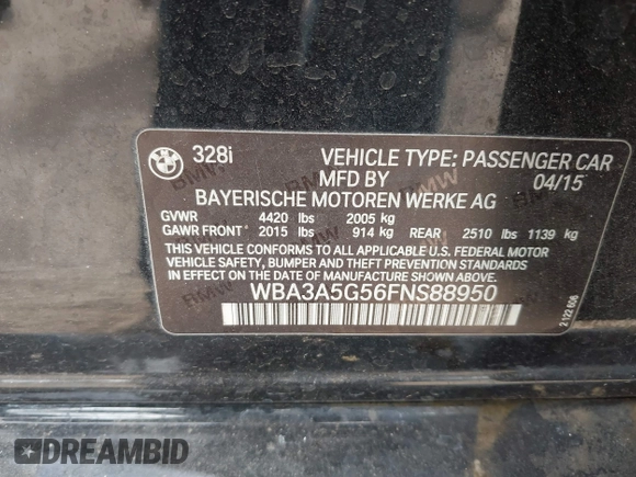 2015 BMW 3 Series 328i with VIN WBA3A5G56FNS88950, listed as a IAAI auction lot 41531888 with 93,464 mi miles. Bid and sale history available at carsss.com. Image 9.