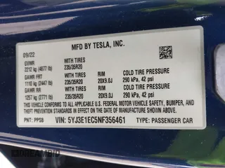 2022 Tesla Model 3 Performance with VIN 5YJ3E1EC5NF356461, listed as a IAAI auction lot 42115367 with 16,006 mi miles and . Bid and sale history available at carsss.com. Image 9.
