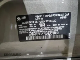 2016 BMW 3 Series 328i xDrive z VIN WBA8E3G57GNU03863, wystawiony jako Copart lot #43812935 z przebiegiem 79 616 mil mil oraz Szkoda całkowita • Salvage title. Historia ofert i sprzedaży dostępna na DreamBid. Obrazek 12.