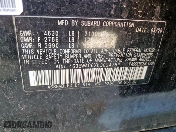 2020 Subaru Legacy Premium z VIN 4S3BWAC6XL3024791, wystawiony jako Copart lot #57331115 z przebiegiem Nie podano mil oraz Szkoda całkowita • Salvage title. Historia ofert i sprzedaży dostępna na DreamBid. Obrazek 12.