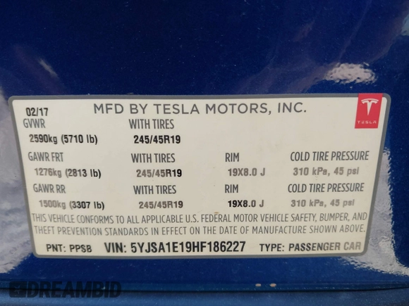 2017 Tesla Model S 60 with VIN 5YJSA1E19HF186227, listed as a IAAI auction lot 41888015 with 105,510 mi miles and . Bid and sale history available at DreamBid. Image 9.