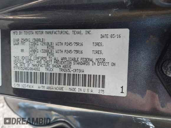 2016 Toyota Tacoma SR with VIN 5TFRX5GN0GX064882, listed as a IAAI auction lot 41371947 with 30,378 mi miles and . Bid and sale history available at DreamBid. Image 9.