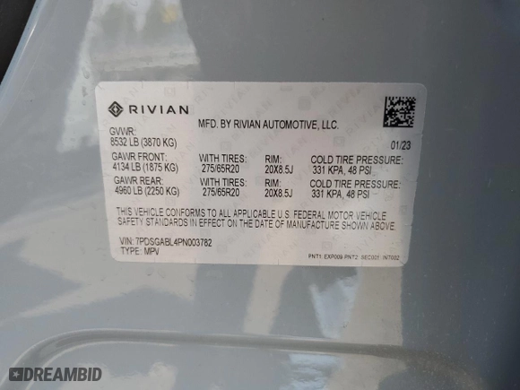 2023 Rivian R1S Launch Edition with VIN 7PDSGABL4PN003782, listed as a Copart auction lot 65851064 with 30,985 mi miles and Salvage Title. Bid and sale history available at carsss.com. Image 13.
