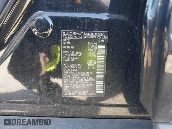 2019 Nissan Rogue SV with VIN KNMAT2MV5KP553265, listed as a IAAI auction lot 41761913 with 106,359 mi miles and . Bid and sale history available at DreamBid. Image 9.