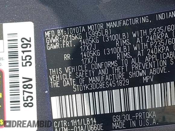 2014 Toyota Sienna XLE с VIN 5TDYK3DC8ES451829, выставлен на аукционе IAAI как лот 42689122 с пробегом 104 729 миль миль и . История ставок и продаж доступна на DreamBid. Изображение 9.