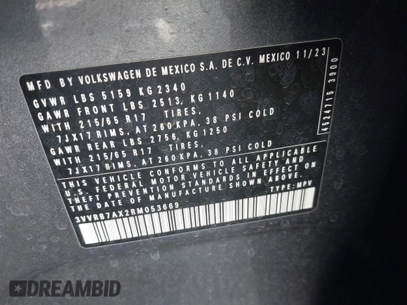 2024 Volkswagen Tiguan S с VIN 3VVRB7AX2RM053669, выставлен на аукционе IAAI как лот 41461526 с пробегом 33 358 миль миль и . История ставок и продаж доступна на DreamBid. Изображение 9.