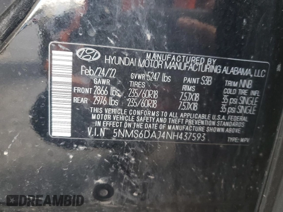 2022 Hyundai Santa Fe XRT with VIN 5NMS6DAJ4NH437593, listed as a Copart auction lot 52321275 with 51,047 mi miles and Salvage Title. Bid and sale history available at carsss.com. Image 15.