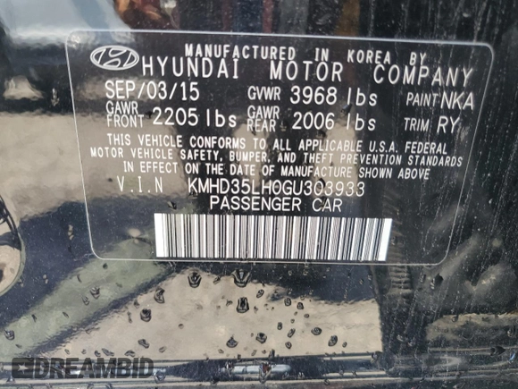 2016 Hyundai Elantra with VIN KMHD35LH0GU303933, listed as a Copart auction lot 66373335 with 133,593 mi miles and Clean title. Bid and sale history available at DreamBid. Image 12.