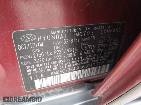 2005 Hyundai Santa Fe GLS with VIN KM8SC73E45U898713, listed as a IAAI auction lot 41791364 with 169,276 mi miles. Bid and sale history available at carsss.com. Image 9.