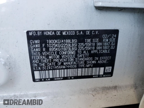 2024 Honda HR-V Sport with VIN 3CZRZ1H56RM744936, listed as a Copart auction lot 46945415 with 11,964 mi miles and Salvage Title. Bid and sale history available at carsss.com. Image 13.
