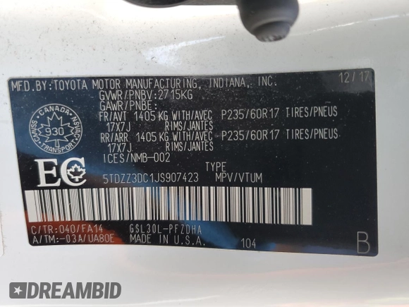 2018 Toyota Sienna L with VIN 5TDZZ3DC1JS907423, listed as a Copart auction lot 78247414 with 138,385 mi miles and Salvage Title. Bid and sale history available at DreamBid. Image 14.