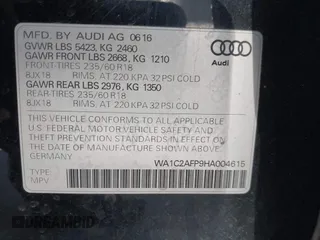 2017 Audi Q5 Premium with VIN WA1C2AFP9HA004615, listed as a IAAI auction lot 41879004 with 107,722 mi miles. Bid and sale history available at carsss.com. Image 9.