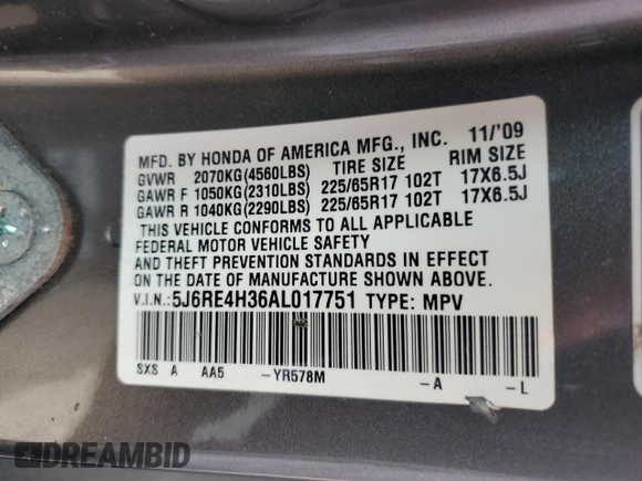 2010 Honda CR-V LX z VIN 5J6RE4H36AL017751, wystawiony jako Copart lot #58586135 z przebiegiem 138 480 mil mil oraz Czysty tytuł • Clean title. Historia ofert i sprzedaży dostępna na DreamBid. Obrazek 12.