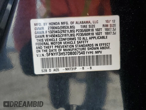 2013 Honda Pilot EX-L z VIN 5FNYF3H57DB007540, wystawiony jako Copart lot #60630415 z przebiegiem 114 452 mil mil oraz Szkoda całkowita • Salvage title. Historia ofert i sprzedaży dostępna na DreamBid. Obrazek 13.