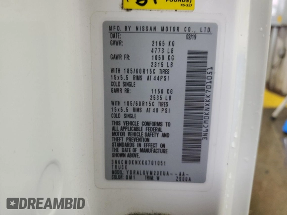 2019 Nissan NV200 SV with VIN 3N6CM0KNXKK701051, listed as a Copart auction lot 51443735 with 126,400 mi miles and Salvage title. Bid and sale history available at DreamBid. Image 12.