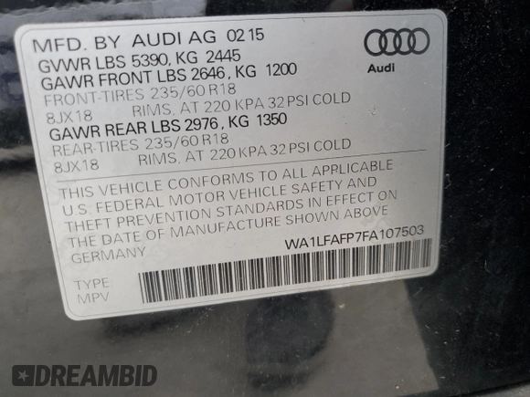 2015 Audi Q5 Premium Plus с VIN WA1LFAFP7FA107503, выставлен на аукционе Copart как лот 86371844 с пробегом Не указан миль и Чистый • Clean title. История ставок и продаж доступна на DreamBid. Изображение 16.