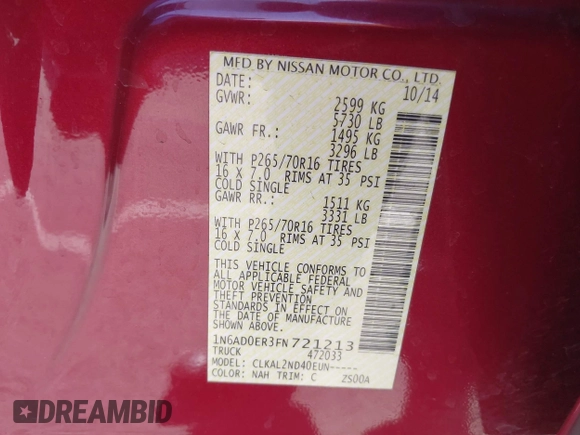 2015 Nissan Frontier SV z VIN 1N6AD0ER3FN721213, wystawiony jako IAAI lot #41982229 z przebiegiem 139 099 mil mil oraz . Historia ofert i sprzedaży dostępna na DreamBid. Obrazek 9.