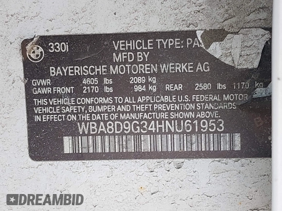 2017 BMW 3 Series 330i xDrive with VIN WBA8D9G34HNU61953, listed as a IAAI auction lot 41768524 with 89,559 mi miles. Bid and sale history available at carsss.com. Image 9.