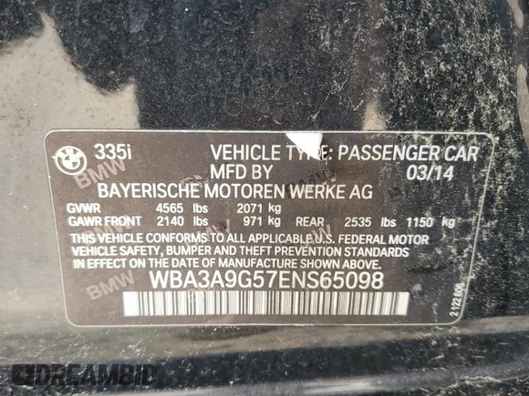 2014 BMW 3 Series 335i with VIN WBA3A9G57ENS65098, listed as a Copart auction lot 53063555 with 0 mi miles and Clean Title. Bid and sale history available at carsss.com. Image 12.
