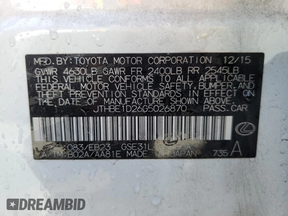 2016 Lexus IS with VIN JTHBE1D26G5026870, listed as a Copart auction lot 48495185 with 86,389 mi miles and Salvage Title. Bid and sale history available at carsss.com. Image 12.