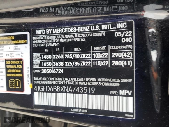 2022 Mercedes-Benz GLE 53 AMG with VIN 4JGFD6BBXNA743519, listed as a Copart auction lot 48021485 with 19,574 mi miles and Salvage title. Bid and sale history available at DreamBid. Image 13.