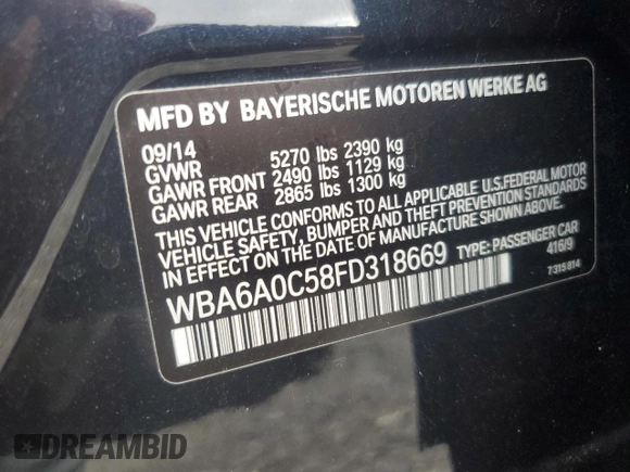 2015 BMW 6 Series 640i with VIN WBA6A0C58FD318669, listed as a Copart auction lot 50706415 with 79,538 mi miles and Clean Title. Bid and sale history available at DreamBid. Image 12.