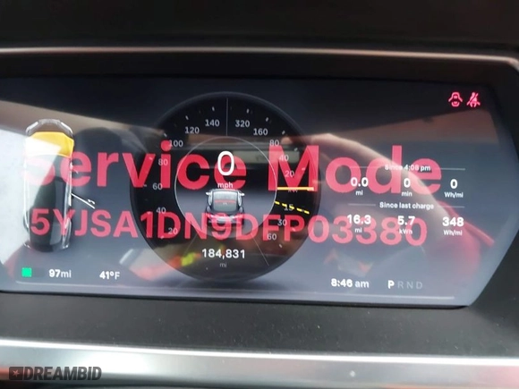 2013 Tesla Model S with VIN 5YJSA1DN9DFP03380, listed as a IAAI auction lot 41865213 with 184,831 mi miles. Bid and sale history available at carsss.com. Image 7.