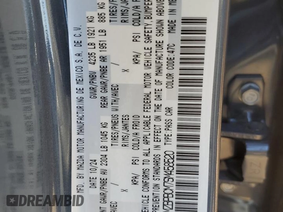 2025 Mazda 3 S Carbon Edition with VIN 3MZBPBCM7SM458520, listed as a Copart auction lot 44171065 with 2,214 mi miles and Clean Title. Bid and sale history available at DreamBid. Image 12.