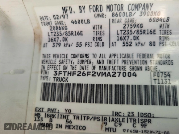 1997 Ford F-250 z VIN 3FTHF26F2VMA27004, wystawiony jako Copart lot #43172115 z przebiegiem 237 194 mil mil oraz Czysty tytuł • Clean title. Historia ofert i sprzedaży dostępna na DreamBid. Obrazek 10.