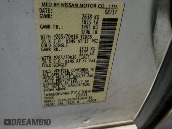 2017 Nissan Frontier SV with VIN 1N6AD0EV4HN772364, listed as a Copart auction lot 57479095 with 112,992 mi miles and Salvage title. Bid and sale history available at DreamBid. Image 12.