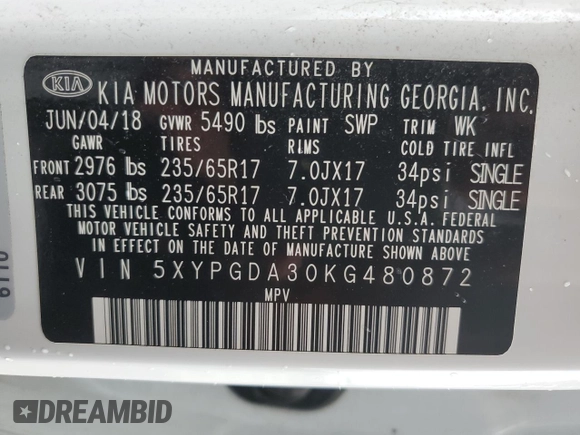 2019 Kia Sorento LX with VIN 5XYPGDA30KG480872, listed as a Copart auction lot 49615655 with Not Provided miles and Salvage Title. Bid and sale history available at DreamBid. Image 14.
