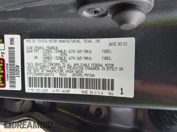 2021 Toyota Tacoma SR с VIN 5TFCZ5AN8MX266972, выставлен на аукционе IAAI как лот 42511666 с пробегом 56 378 миль миль и . История ставок и продаж доступна на DreamBid. Изображение 9.
