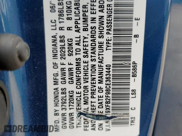 2012 Honda Civic EX-L with VIN 19XFB2F98CE363440, listed as a Copart auction lot 47724625 with 138,364 mi miles and Salvage Title. Bid and sale history available at DreamBid. Image 13.