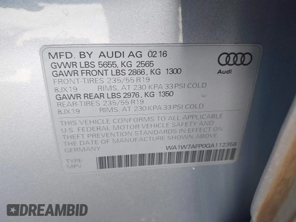 2016 Audi Q5 Prestige z VIN WA1W7AFP0GA112358, wystawiony jako IAAI lot #42085761 z przebiegiem 128 598 mil mil oraz . Historia ofert i sprzedaży dostępna na DreamBid. Obrazek 9.