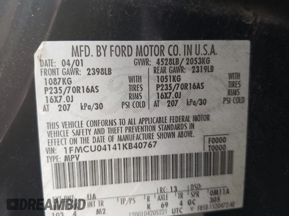 2001 Ford Escape XLT with VIN 1FMCU04141KB40767, listed as a Copart auction lot 71492664 with 118,541 mi miles and Salvage Title. Bid and sale history available at DreamBid. Image 12.