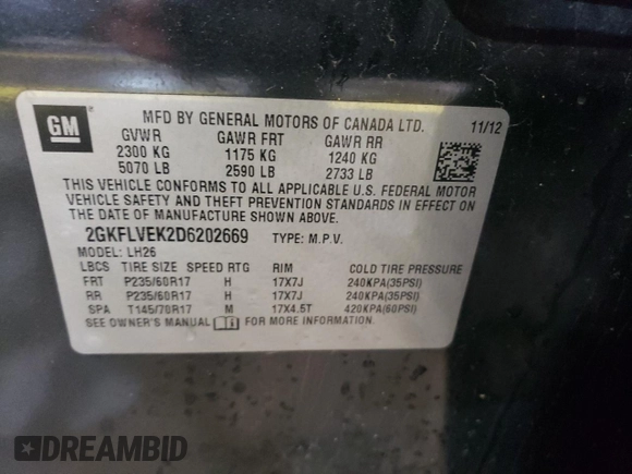 2013 GMC Terrain SLT with VIN 2GKFLVEK2D6202669, listed as a Copart auction lot 51667105 with 189,287 mi miles and Salvage Title. Bid and sale history available at carsss.com. Image 13.