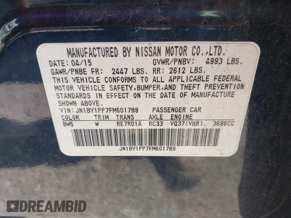2015 Infiniti Q70 with VIN JN1BY1PP7FM601789, listed as a IAAI auction lot 41782519 with 140,158 mi miles and . Bid and sale history available at DreamBid. Image 9.