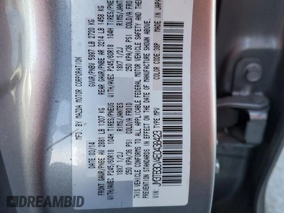 2014 Mazda CX-9 Touring with VIN JM3TB3CV4E0438423, listed as a Copart auction lot 58603325 with 81,177 mi miles and Clean title. Bid and sale history available at DreamBid. Image 13.