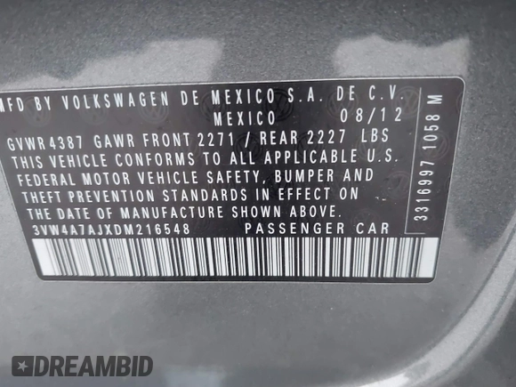 2013 Volkswagen Jetta GLI Autobahn with VIN 3VW4A7AJXDM216548, listed as a IAAI auction lot 40725175 with 147,939 mi miles and . Bid and sale history available at DreamBid. Image 9.