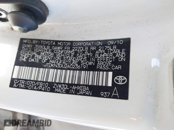 2010 Toyota Prius II with VIN JTDKN3DU2A0236191, listed as a IAAI auction lot 42218196 with 279,676 mi miles and . Bid and sale history available at DreamBid. Image 9.