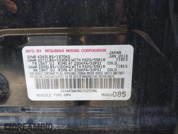 2016 Mitsubishi Outlander ES with VIN JA4AP3AU9GZ025286, listed as a IAAI auction lot 42162289 with 133,032 mi miles and . Bid and sale history available at DreamBid. Image 9.