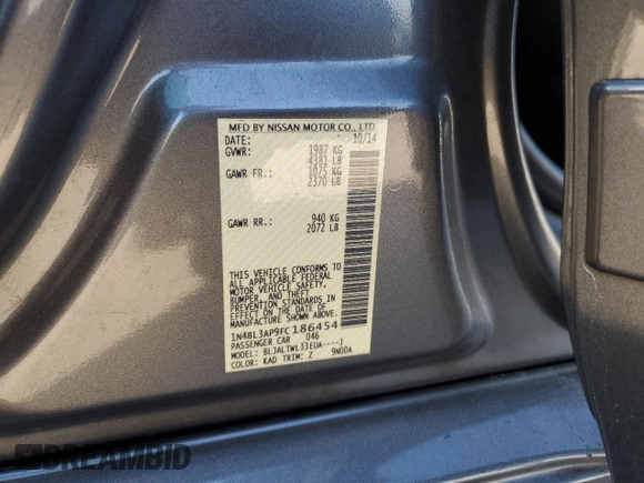 2015 Nissan Altima SL with VIN 1N4BL3AP9FC186454, listed as a Copart auction lot 49825055 with 85,319 mi miles and Salvage Title. Bid and sale history available at DreamBid. Image 13.