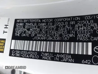 2019 Toyota Prius L Eco z VIN JTDKARFU8K3081187, wystawiony jako IAAI lot #41771346 z przebiegiem 64 864 mil mil oraz . Historia ofert i sprzedaży dostępna na DreamBid. Obrazek 9.