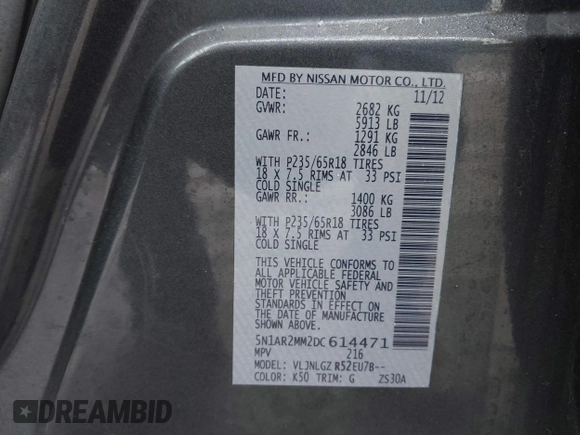 2013 Nissan Pathfinder SV with VIN 5N1AR2MM2DC614471, listed as a IAAI auction lot 41740633 with 224,796 mi miles. Bid and sale history available at carsss.com. Image 9.
