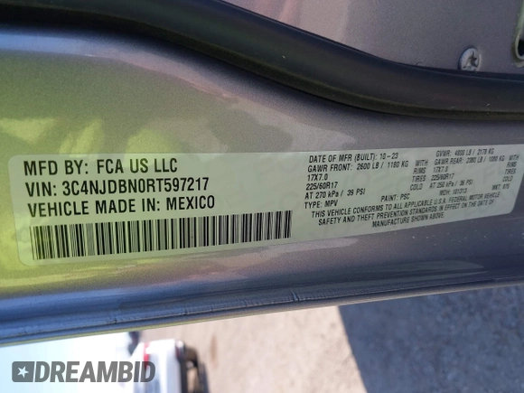 2024 Jeep Compass Latitude with VIN 3C4NJDBN0RT597217, listed as a IAAI auction lot 42503326 with 41,937 mi miles and . Bid and sale history available at DreamBid. Image 9.